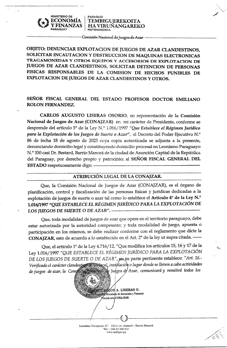 Denuncia Presentada por la COMISION NACIONAL DE JUEGOS DE AZAR ante el Ministerio Público.